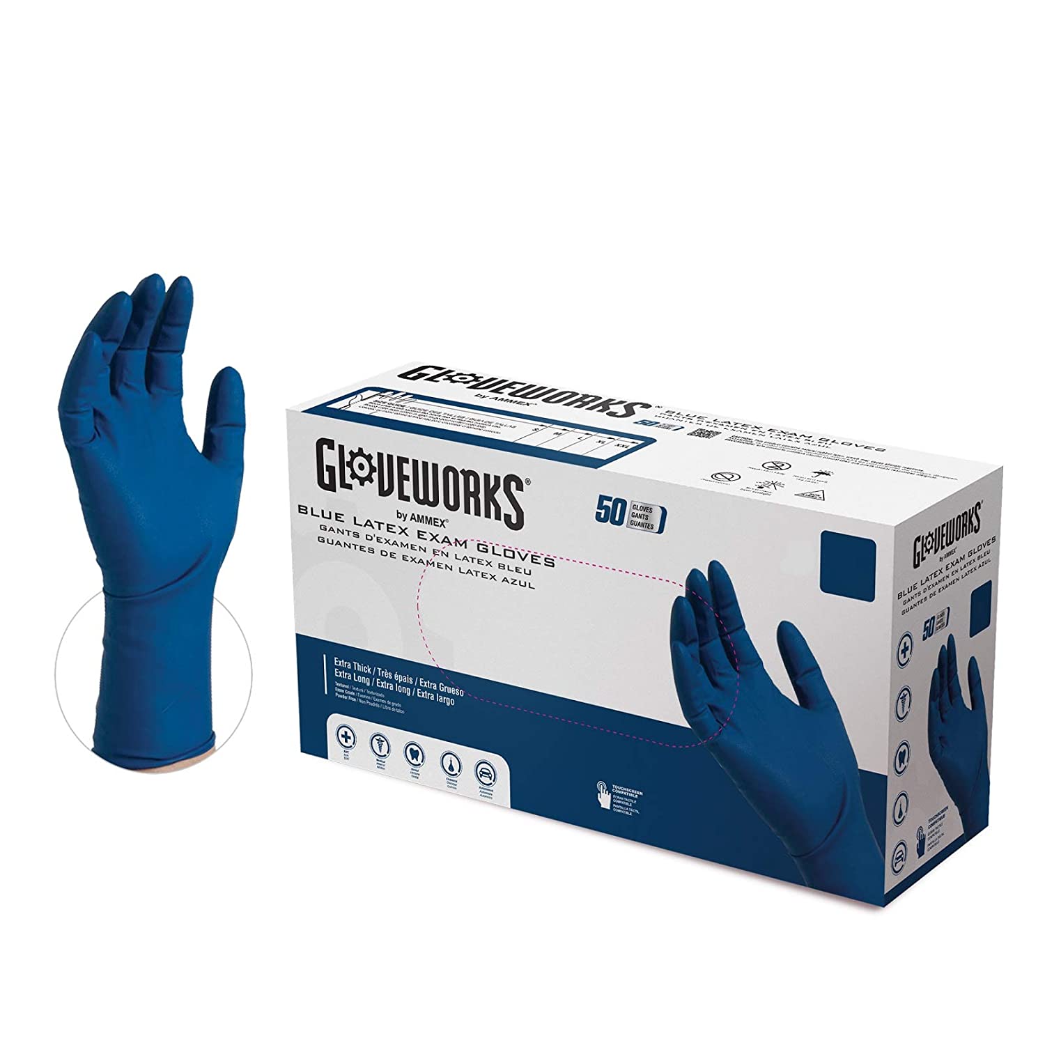 10/50 XL Exam Grade Blue Latex Gloves 15mil