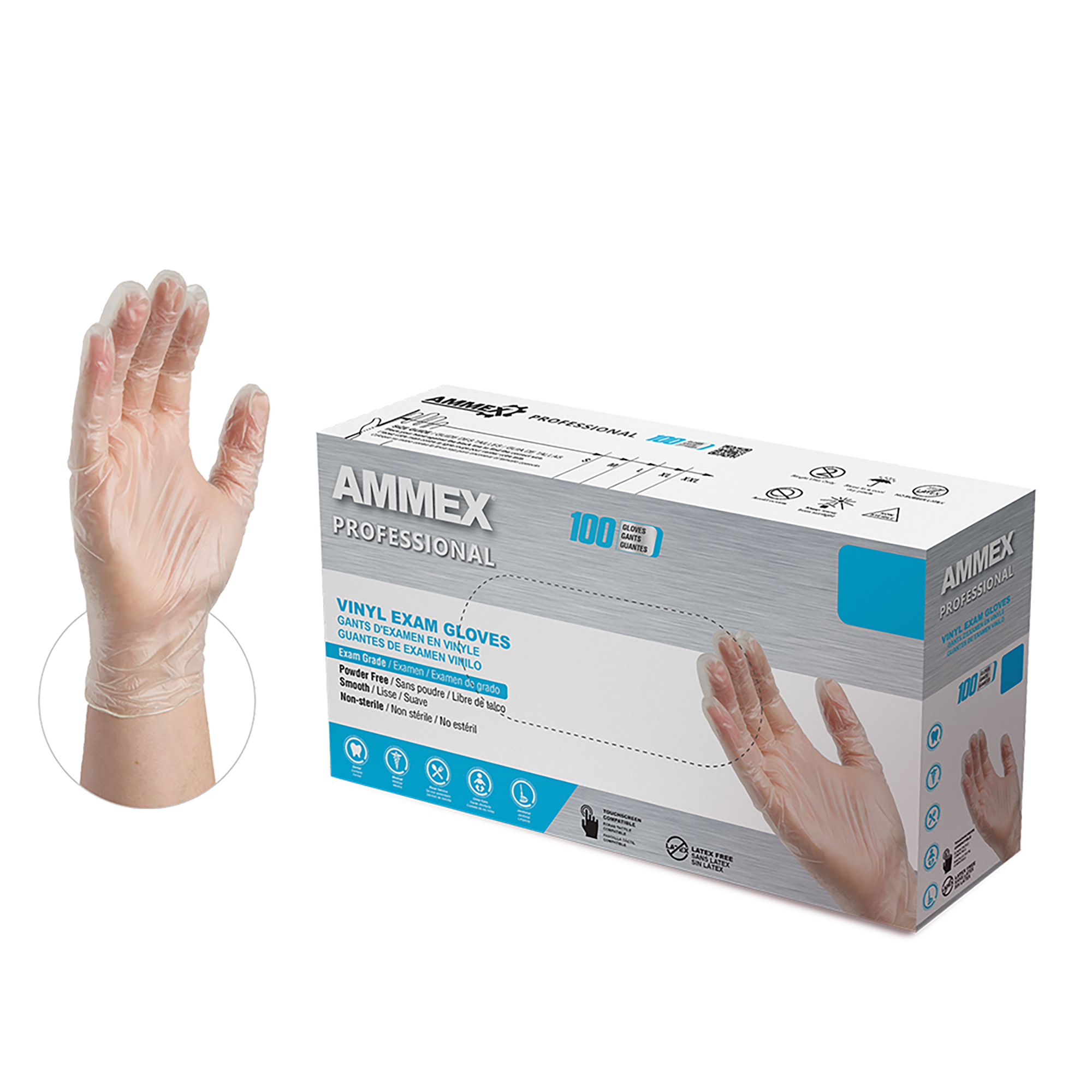 AMMEX Clear Vinyl Exam Latex Free Disposable Gloves, 10/100