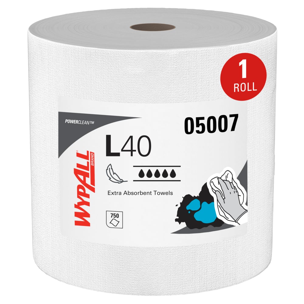 WypAll® PowerClean™ L40 Extra Absorbent Towels (05007), Jumbo Roll, Limited Use Towels, White